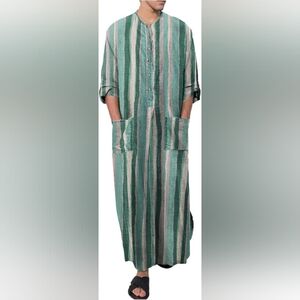 Men's XXL Striped Thobe Kaftan Robe Henley Maxi Dress Pockets P2P 25-26"